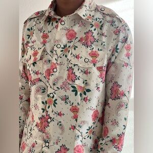 House of Aama Mens 100% Silk Paisley Floral Button Up Western Shirt Small New